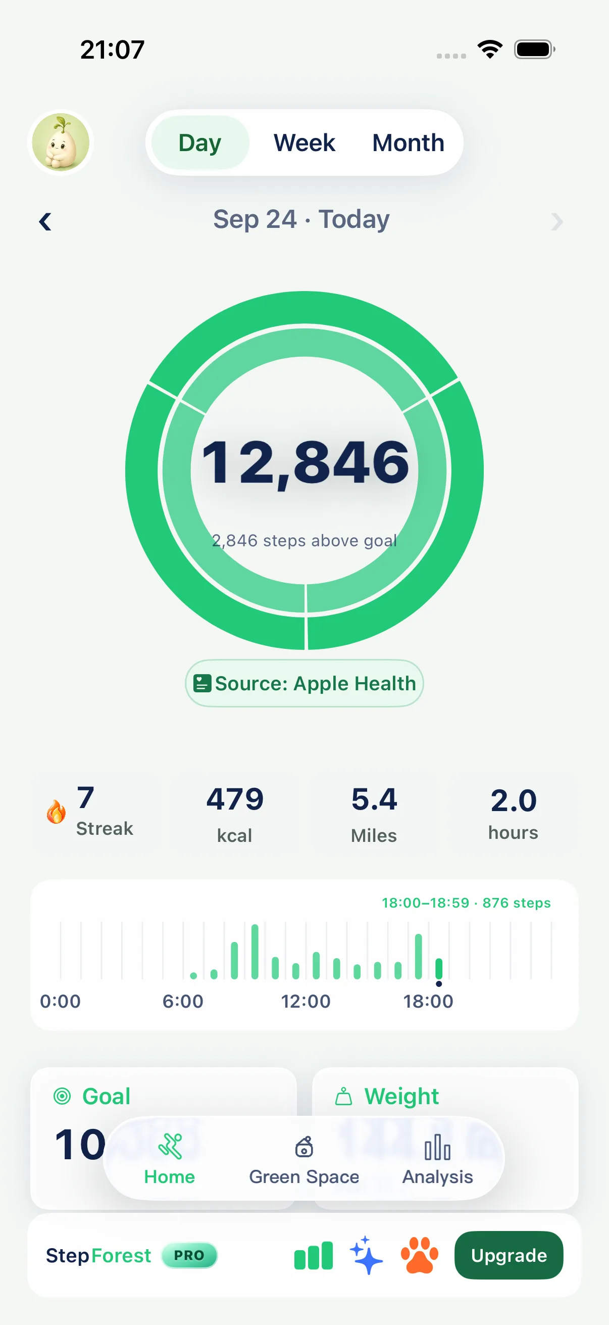 StepForest Today view showing steps, goal progress, distance, and active time